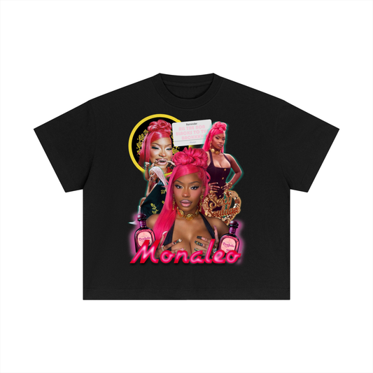Black t-shirt with graphic design featuring a person with pink hair and text on a white background